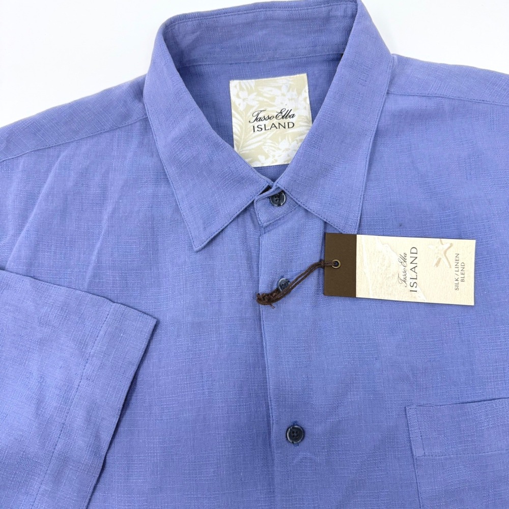 Tasso Elba Island Mens XL Silk Linen Short Sleeve Button Up Amparo Blue NEW